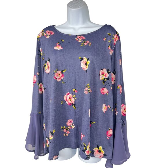Lauren Conrad Womens Floral Print Bell Sleeve Blouse XL Purple/Pink Polyester - Picture 2 of 12